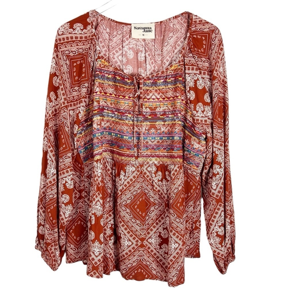 SAVANNA JANE Plus size 1X Bohemain Embroidered Flowy Top